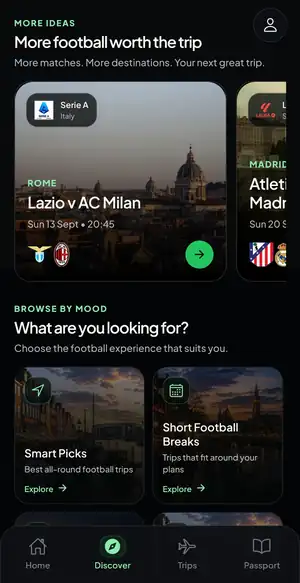 YourNextAway fixture discovery screen