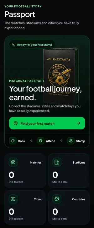YourNextAway Football Passport screen