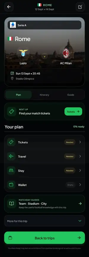 YourNextAway trip builder screen